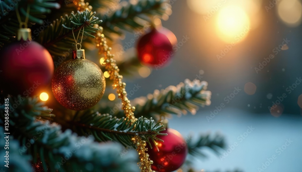 Sparkling golden tinsel tangled in a Christmas tree, holiday ambiance, frosty mornings Sparkling golden tinsel tangled in a Christmas tree, holiday ambiance, frosty mornings