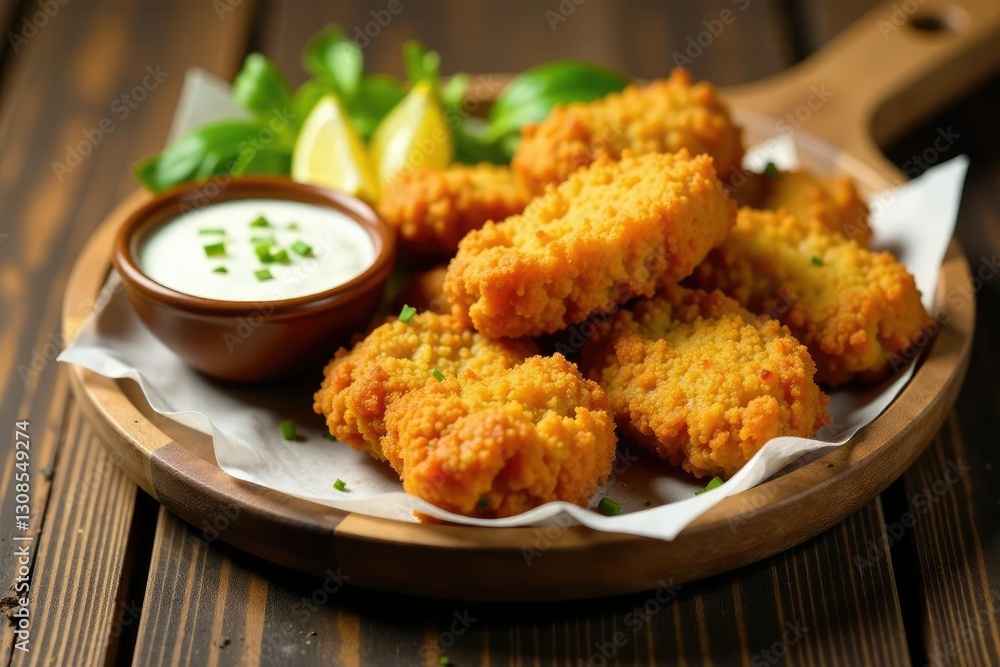 Fried chicken nuggets on a wooden platter with a side of creamy garlic sauce and lemon wedges, platter, chicken Fried chicken nuggets on a wooden platter with a side of creamy garlic sauce and lemon wedges, platter, chicken