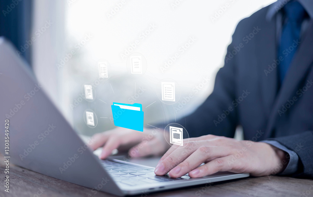 Fototapeta premium Show document management system on laptop. Managing corporate file information, Efficient document management with technology software for archiving, document, technology, quality, file
