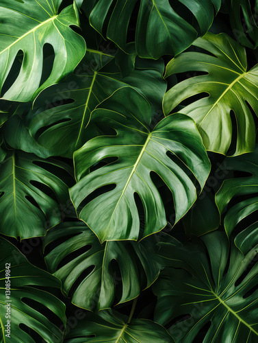 Wallpaper Mural Monstera Delight: A vibrant, close-up shot reveals the intricate beauty of Monstera leaves, showcasing their iconic, lush, and deeply-veined foliage. Torontodigital.ca