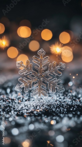 A detailed close-up of a single crystal snowflake resting on a sparkling surface, surrounded by warm, blurred golden bokeh lights creating a festive winter ambiance.. AI Generation photo