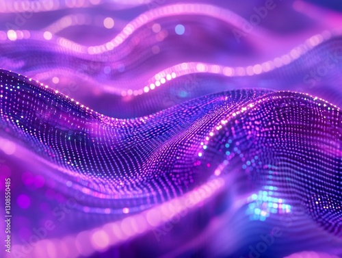 Abstract purple and blue wavy digital particle background.