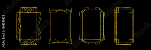 Great Gatsby deco frame collection with gold geometric borders on black background. Minimalist art nouveau style metallic outlines for luxury invitations, certificates or vintage design elements.