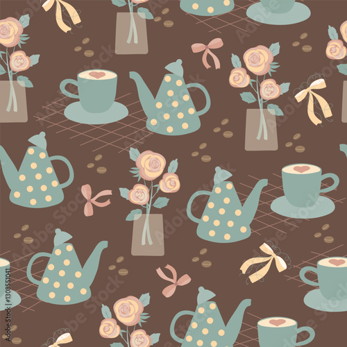 Vintage seamless pattern in shabby chic style. Elegant floral motif, teapot, tea party, coffee time, nostalgic roses and bows, delicate pastel colors. Vector