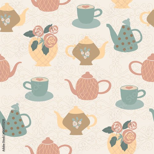 Vintage seamless pattern in shabby chic style. Elegant floral motif, teapot, tea party, coffee time, nostalgic roses and bows, delicate pastel colors. Vector