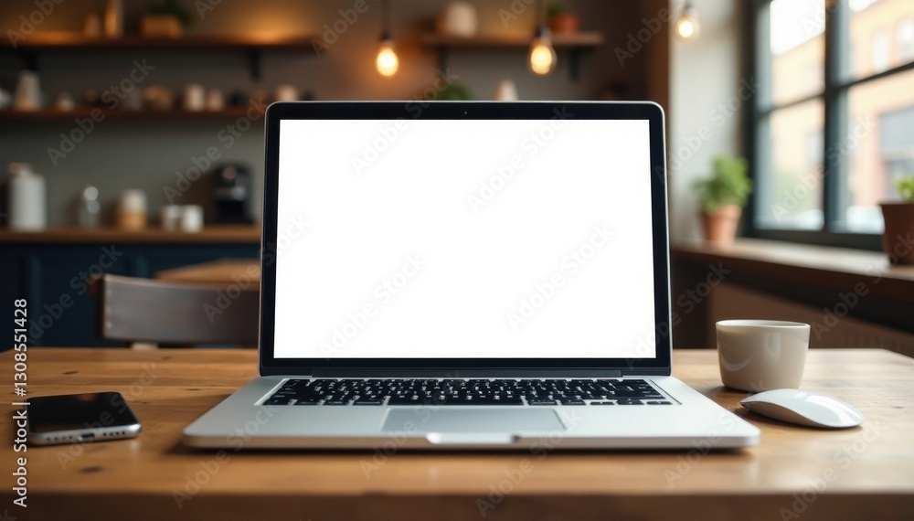 White laptop screen mockup on rustic wooden table in stylish cafe , template, mockup, internet White laptop screen mockup on rustic wooden table in stylish cafe , template, mockup, internet