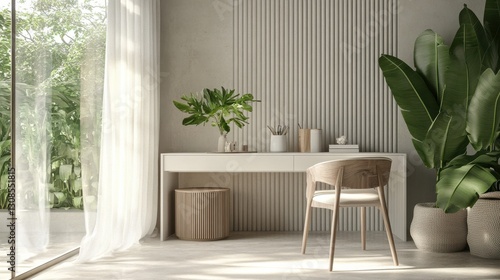 Modern workspace with white desk and wooden chair surrounded by greenery in a bright, airy room