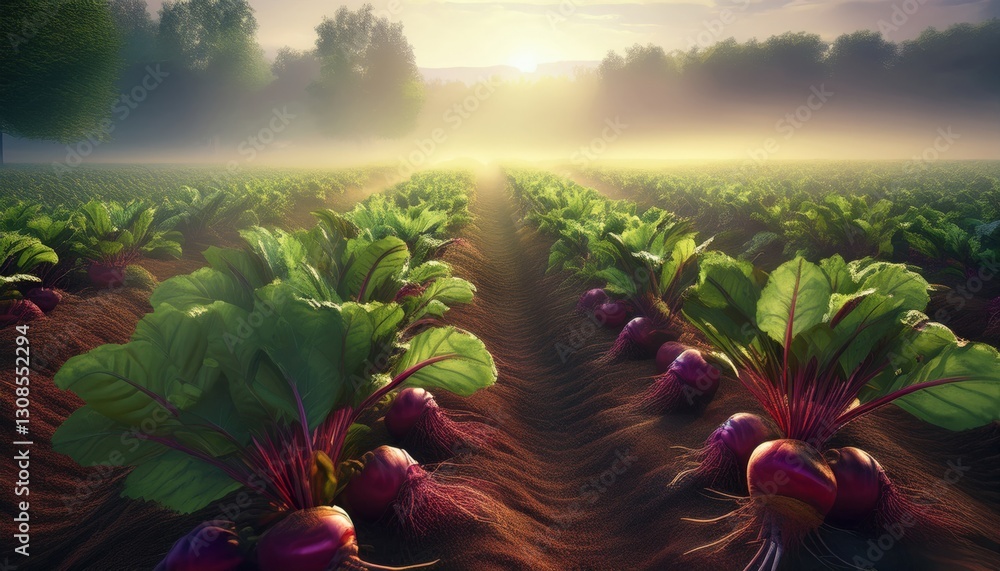 Fototapeta premium A beetroot plantation on a misty morning, showcasing healthy beetroot plants growing on rich, fertile soil. The fog creates a serene atmosphere, enhancing the vibrancy of the crops. 
