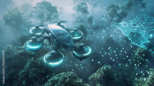 Futuristic drone navigating through dense forest with digital interface overlay