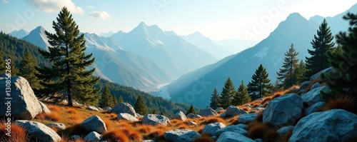 Pine trees scattered across rocky mountainous terrain with strong wind, forest, November, rugged terrain