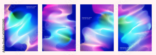 set of abstract parametric blue purple neon line art cover poster background design