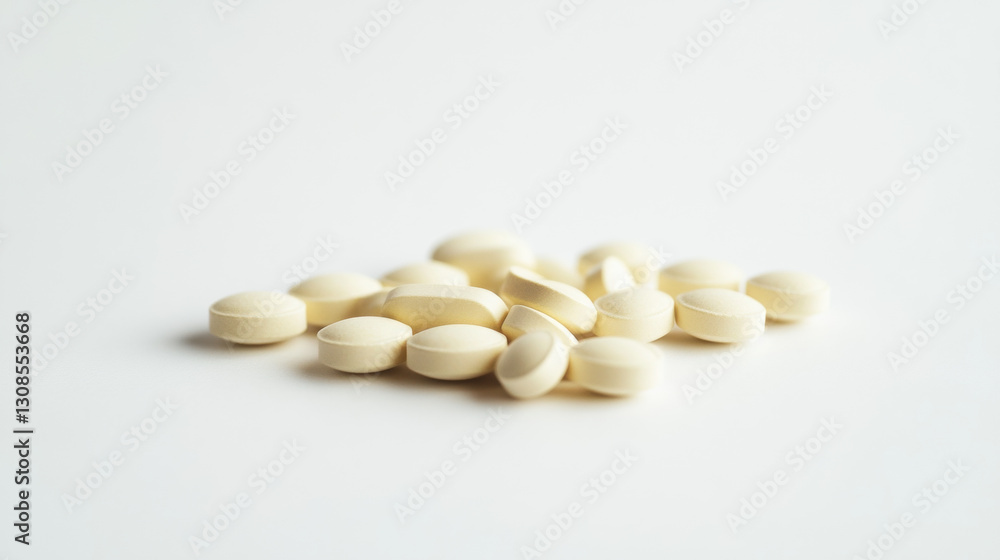 Pile of pale yellow pills on a white surface. Pile of pale yellow pills on a white surface.