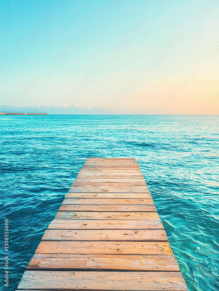 Pier Embracing Azure Waters: A serene pier stretches out into the tranquil turquoise waters of a clear ocean, inviting a sense of calm and contemplation. The boundless horizon merges with the sky.