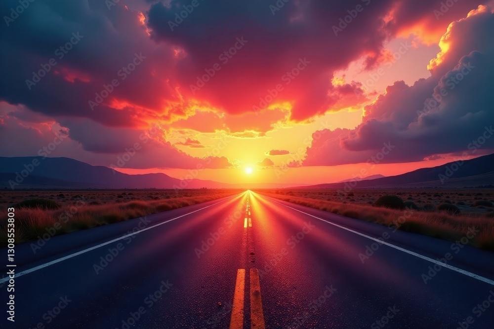 Naklejka premium Sunset over asphalt road Dramatic cloudscape , nature, horizon