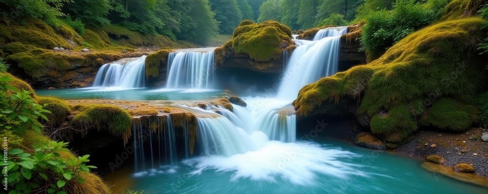 Fototapeta premium Tiered hot springs flow over moss-covered rocks, forming multiple waterfalls , peaceful, landscape