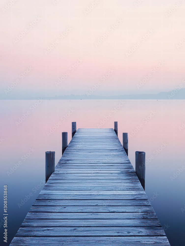Pier's Serene Horizon: A weathered wooden pier stretches out toward a calm body of water under a pastel sky. Pier's Serene Horizon: A weathered wooden pier stretches out toward a calm body of water under a pastel sky.