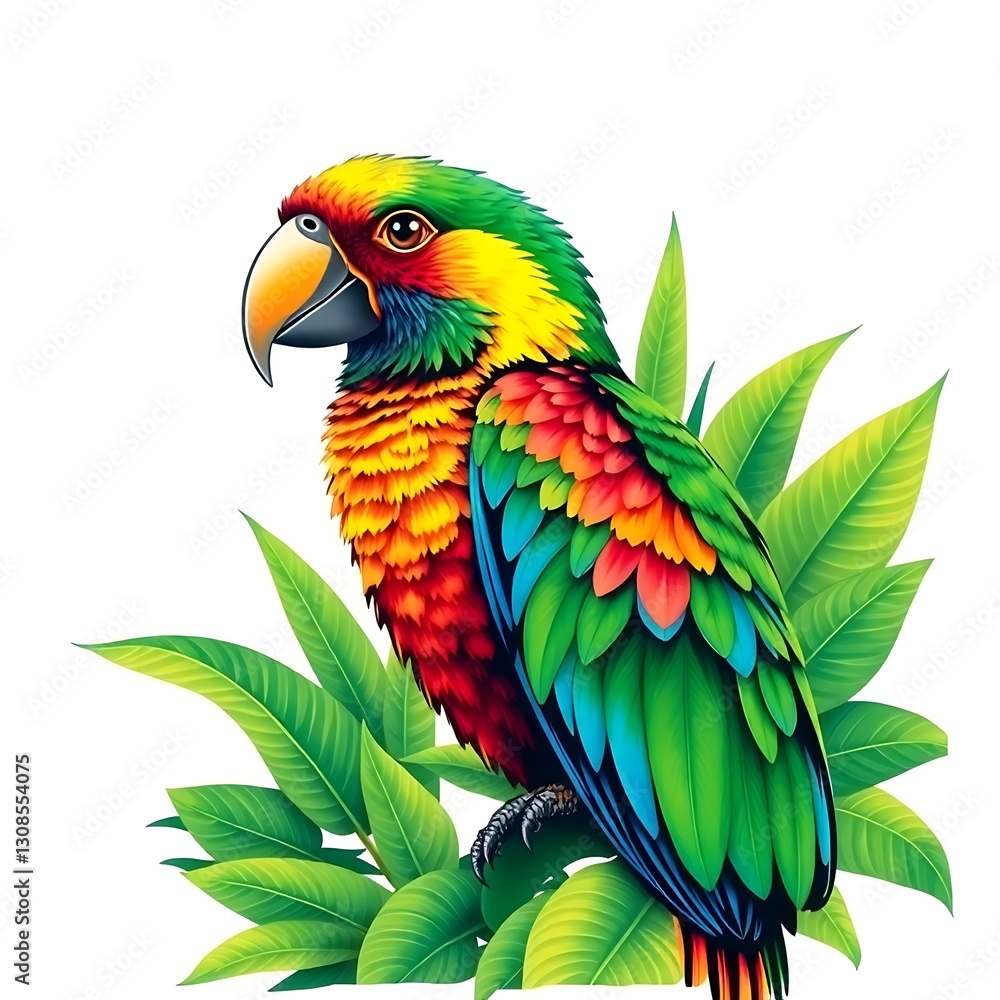 Obraz premium Vibrant Tropical Bird T-Shirt Design with Lush Greenery and Bright Plumage Illustration