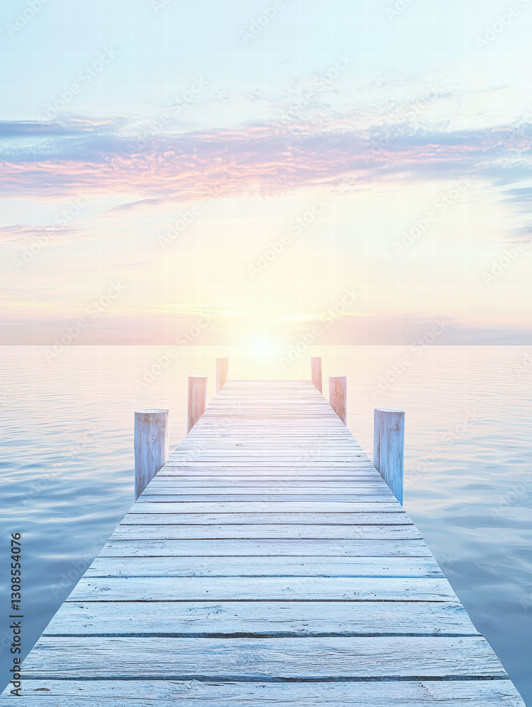 Pier at Dawn's Embrace: A serene, wooden pier extends gracefully into the tranquil waters, guiding the eye towards the soft, pastel hues of the rising sun, creating a picture of solitude and calm. Pier at Dawn's Embrace: A serene, wooden pier extends gracefully into the tranquil waters, guiding the eye towards the soft, pastel hues of the rising sun, creating a picture of solitude and calm.