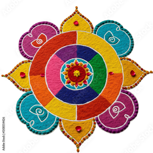 Elegant rangoli design on transparent PNG, perfect for Diwali, weddings, or festive projects holi intricate patterns for seamless integration into any creative design