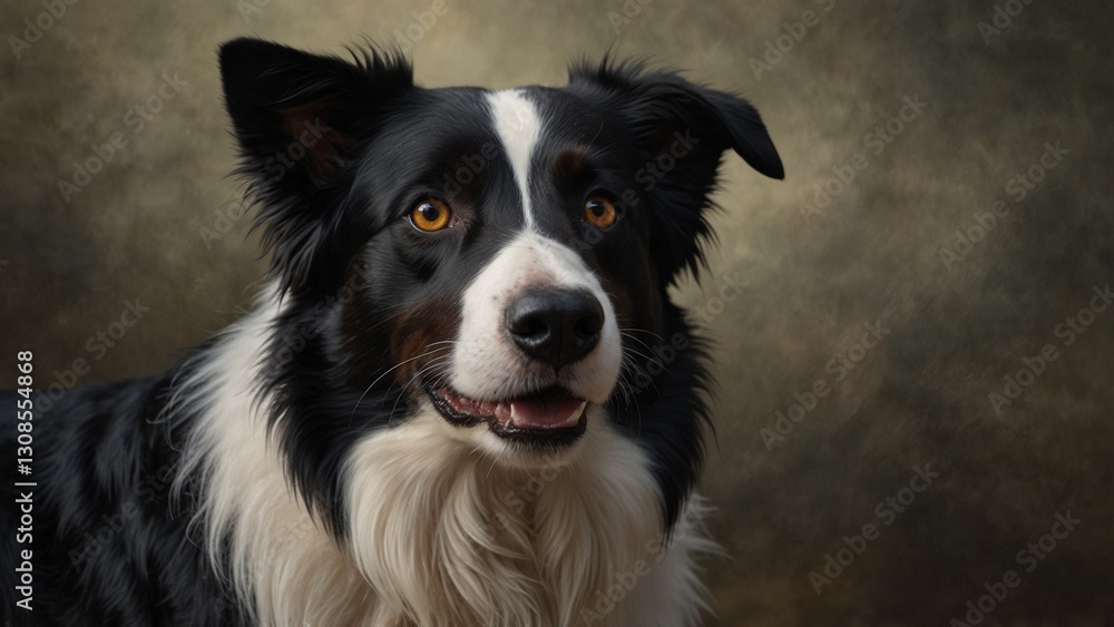 A realistic portrait of a Border Collie, attentively gazing forward, its black-and-white fur sharply defined A realistic portrait of a Border Collie, attentively gazing forward, its black-and-white fur sharply defined