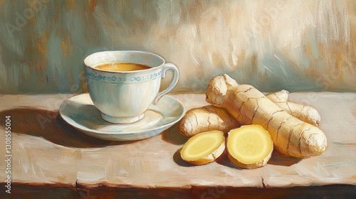 Still life painting of ginger tea in a delicate cup.