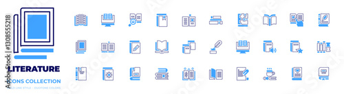 Literature icon collection. Bold line style. Duotone colors. book, books, reading, search, read, open book, ebook, science, romantic novel, spellbook, classic