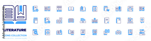 Literature icon collection. Bold line style. Duotone colors. literature, download, reading, add, open book, book, books, writting, thesis, magnifying glass