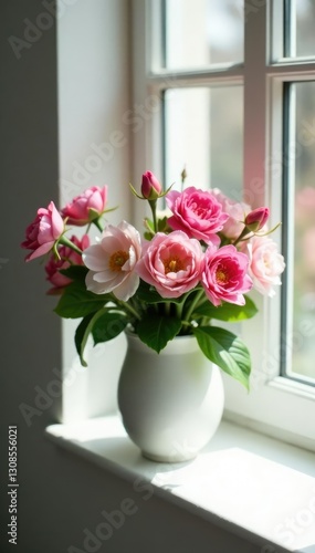 Spring floral arrangement on a white window sill, blossoms, colorful