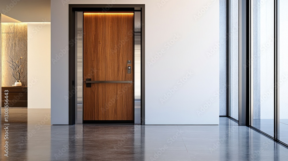 Modern entryway with a wooden door, featuring a sleek design and large windows overlooking a city or landscape. Modern entryway with a wooden door, featuring a sleek design and large windows overlooking a city or landscape.