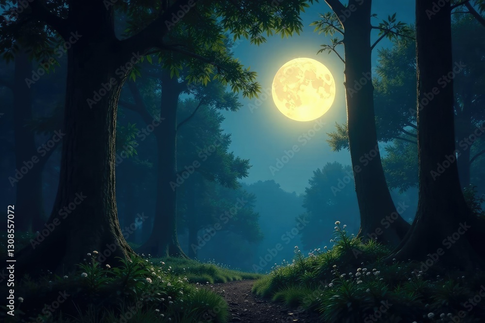 Fototapeta premium Twinkling moonlight filtering through dense forest canopy, mystic, glow