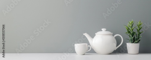 Wallpaper Mural National tea day with relaxation and wellness idea. White teapot and cup with a plant on a minimalist table. Torontodigital.ca