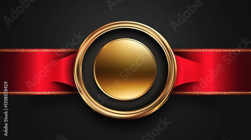 Gold emblem with red ribbon on black background.