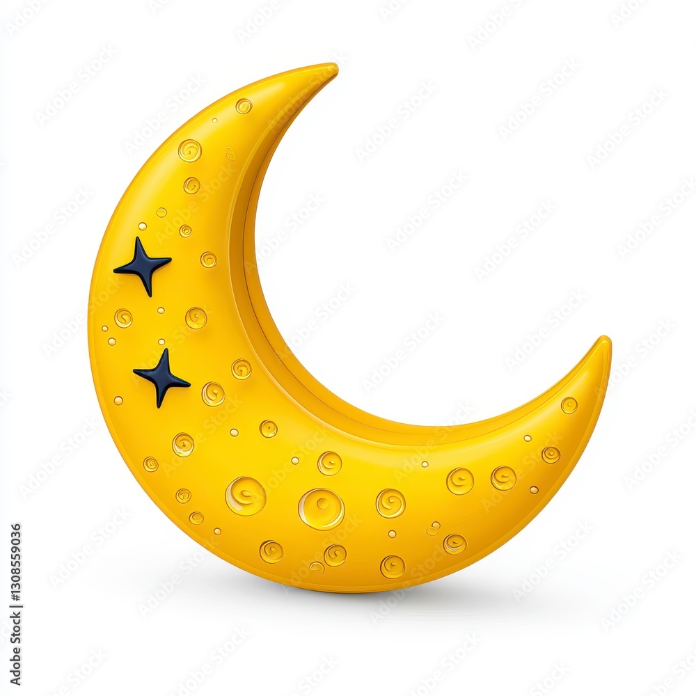 Yellow Crescent Moon with Stars and Dots on White Background Yellow Crescent Moon with Stars and Dots on White Background