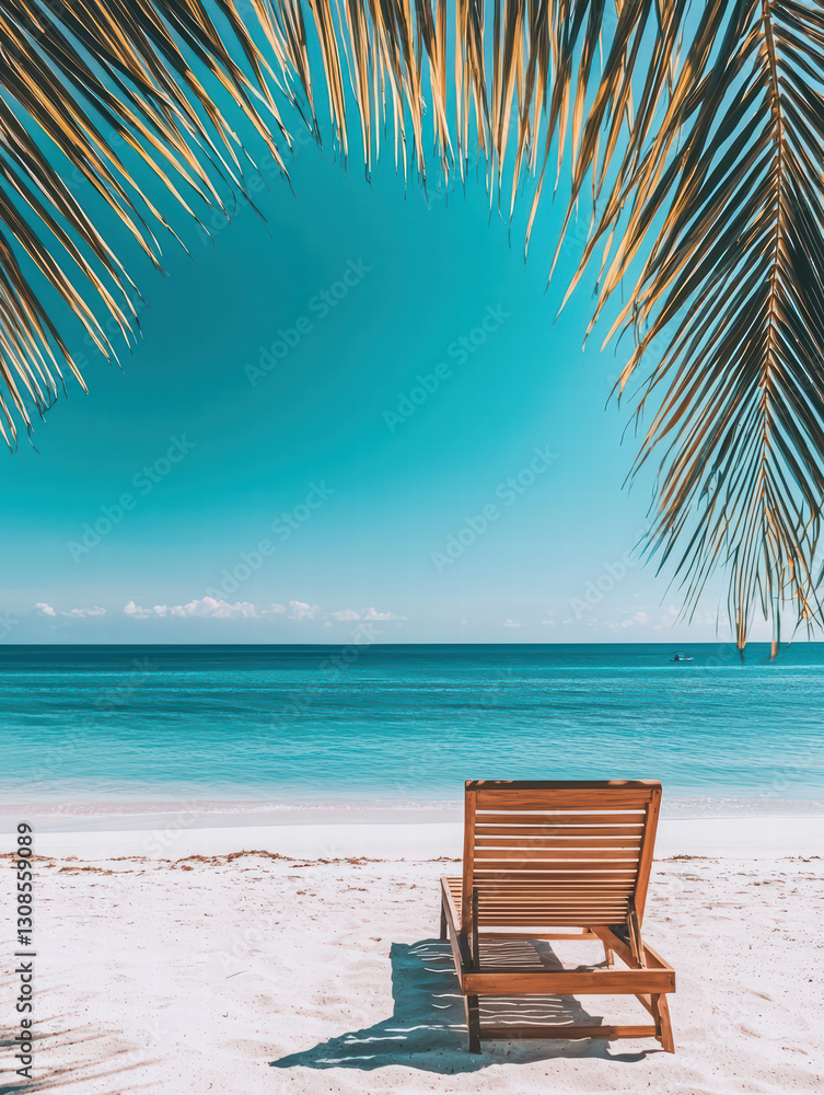 Obraz premium Serene Beach Getaway: An inviting beach scene with a wooden beach chair under palm tree leaves, overlooking turquoise water and the endless sky, evokes a feeling of peace, escape, and relaxation.