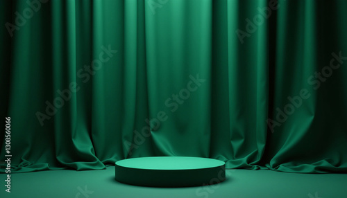 vibrant green display podium with flowing curtains creates stylish backdrop