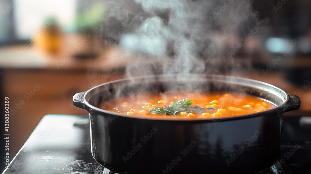 steaming pot of delicious hot soup on the stove in the kitchen steaming pot of delicious hot soup on the stove in the kitchen
