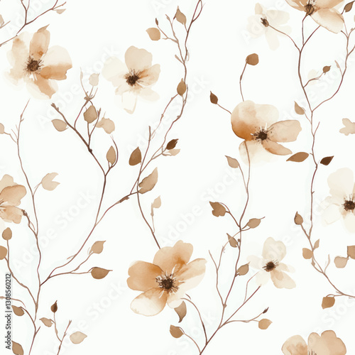 Beige and white floral pattern, watercolor flower seamless pattern. Watercolor print in rustic vintage style, textile or wallpapers.