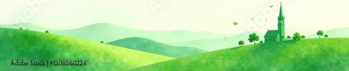 Pastel green watercolor hills, church steeple, cloverleaf accents , spring, St Patricks Day