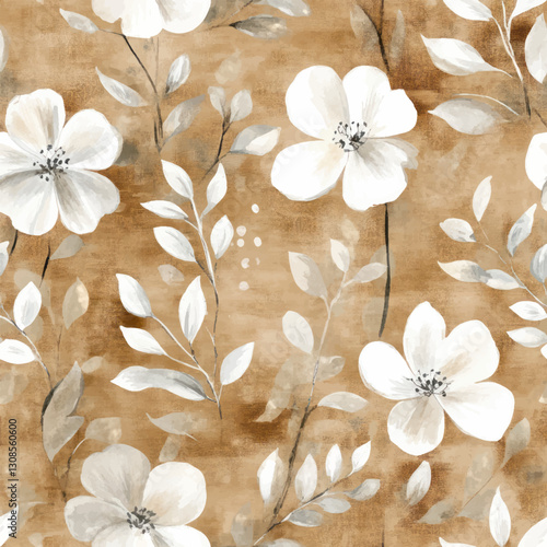 Beige and white floral wallpaper, with flowers and leaves on a brown background. watercolor flower seamless pattern. Watercolor print in rustic vintage style, textile or wallpapers.