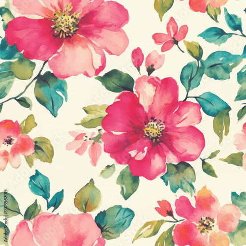 Vintage-style pink and red flowers on a cream background, watercolor flower seamless pattern. Watercolor print in rustic vintage style, textile or wallpapers.