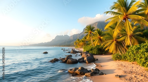 Tropical Beach Paradise with Palm Trees, Ocean and Mountain View