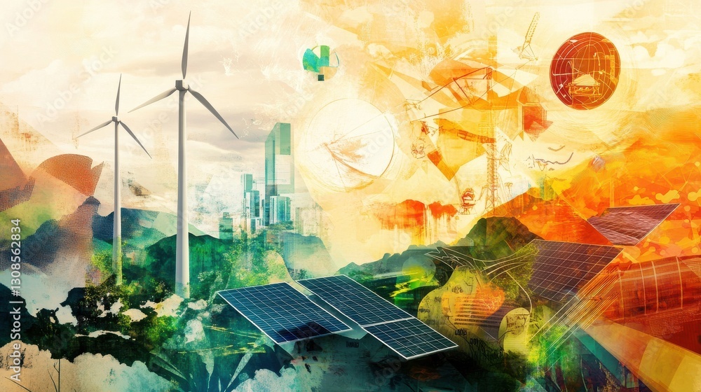 Obraz premium Vibrant depiction of renewable energy showcasing wind turbines and solar panels amidst a colorful landscape with city skyline