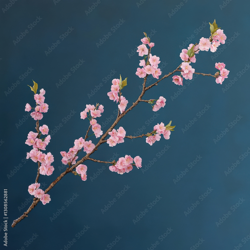 Delicate pink cherry blossom branch against blue background, symbolizing spring and renewal. soft petals and vibrant leaves evoke feelings of tranquility and beauty Delicate pink cherry blossom branch against blue background, symbolizing spring and renewal. soft petals and vibrant leaves evoke feelings of tranquility and beauty