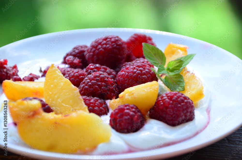 delicious healthy dessert for diet low calorie peach raspberries with cream or yogurt soft cottage cheese Summer oatmeal with raspberries, peaches and nuts in white bowl, top view. Healthy vegetarian delicious healthy dessert for diet low calorie peach raspberries with cream or yogurt soft cottage cheese Summer oatmeal with raspberries, peaches and nuts in white bowl, top view. Healthy vegetarian