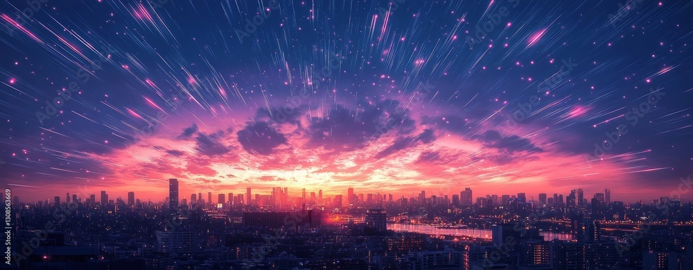 Obraz premium Anime Cityscape Shooting Stars over Sunset, Anime, Cityscape