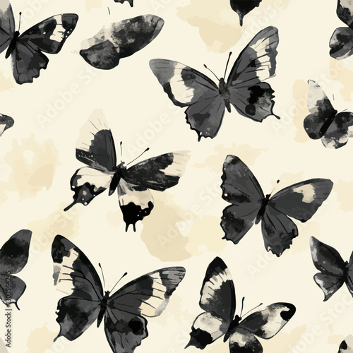Hand-drawn butterflies in black and white on a cream background, watercolor flower seamless pattern. Watercolor print in rustic vintage style, textile or wallpapers.