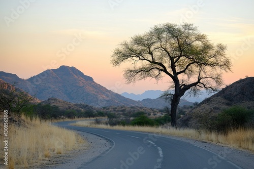 Sunset-kissed acacia tree on African savanna roadside with dramatic mountain backdrop, ideal for nature documentary covers and adventure travel agency campaigns.