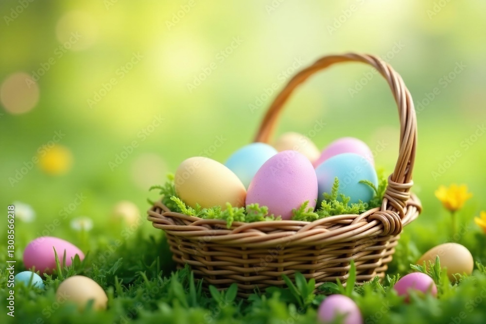 Pastel Easter eggs in woven basket, spring meadow background, spring, illustration Pastel Easter eggs in woven basket, spring meadow background, spring, illustration