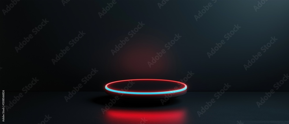 Obraz premium 3d rendering of a circular object with a red and blue light emanating from it. the object is placed on a black surface, and the background is also black.