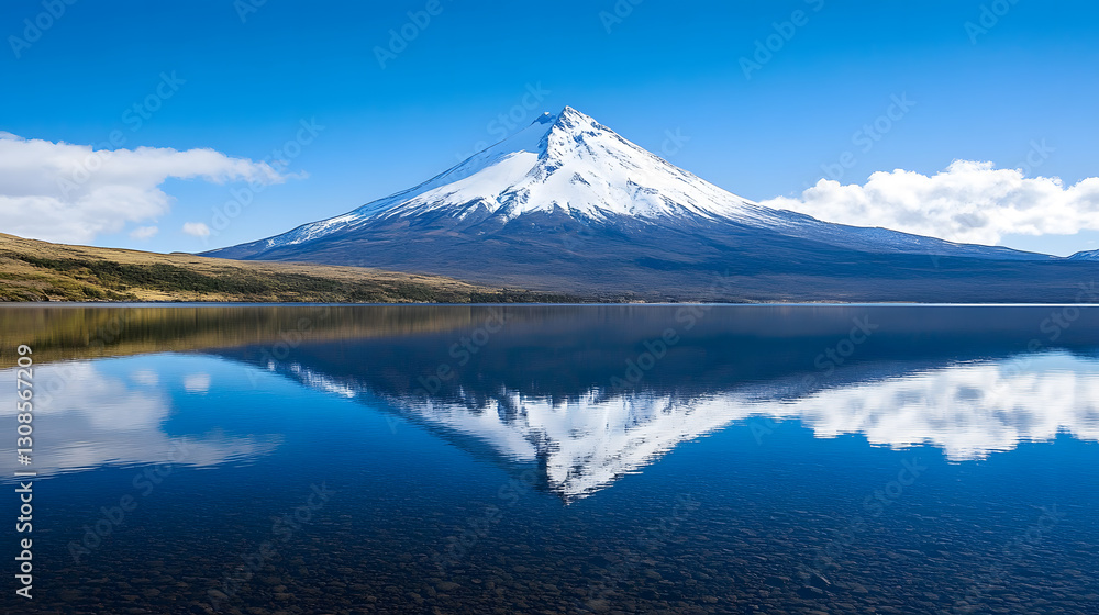 Majestic snow-covered mountain reflected in crystal clear lake stunning nature wallpaper serene background vibrant environment Majestic snow-covered mountain reflected in crystal clear lake stunning nature wallpaper serene background vibrant environment